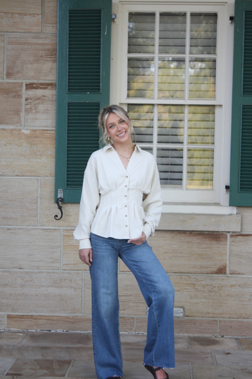Women's Cream Pleated Button-Front Blouse - The Everyday Blouse