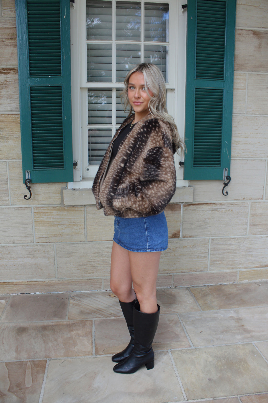 Women's Brown Spotted Faux Fur Zip-Up Jacket