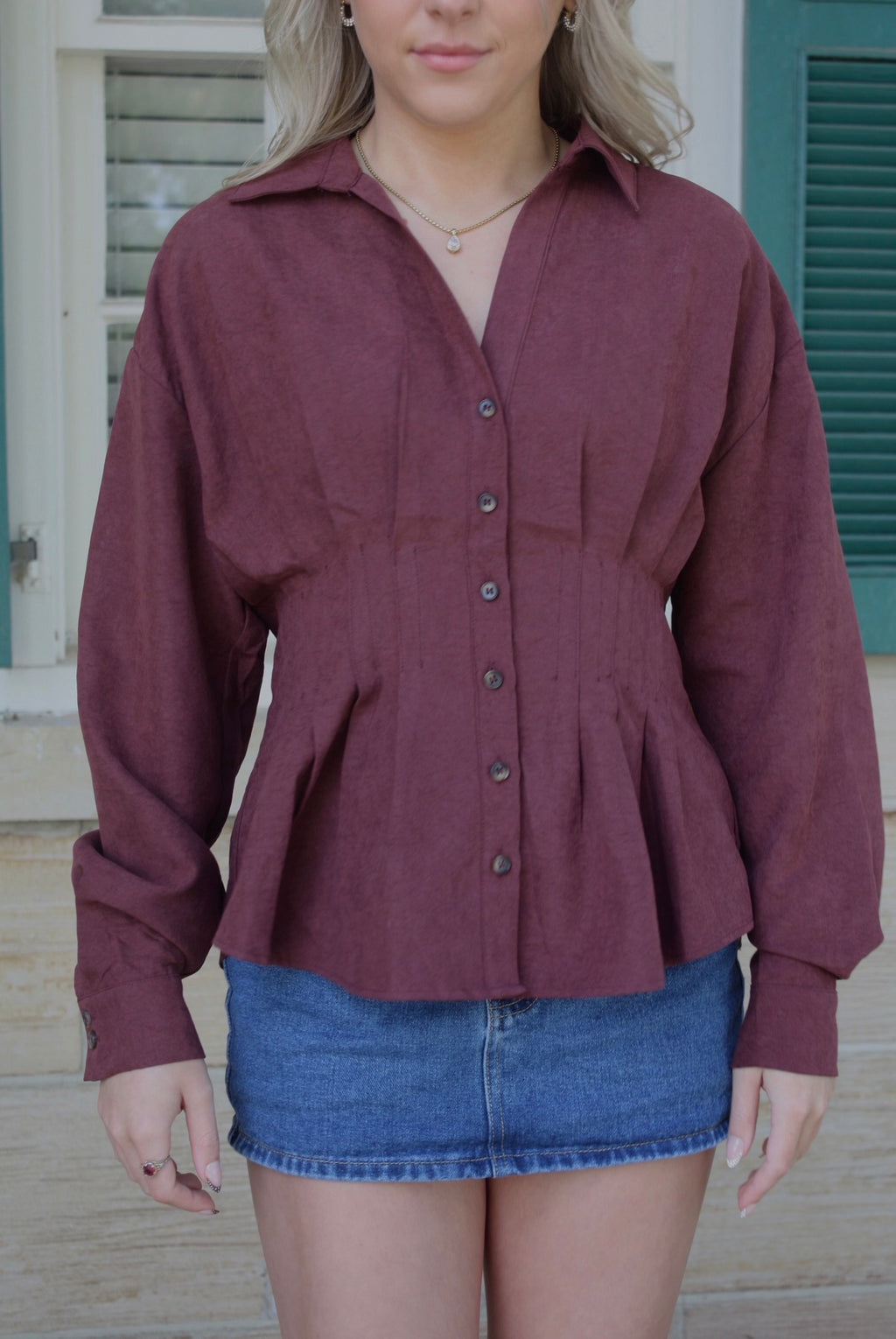 Women's Burgundy Pleated Button-Front Blouse - The Everyday Blouse
