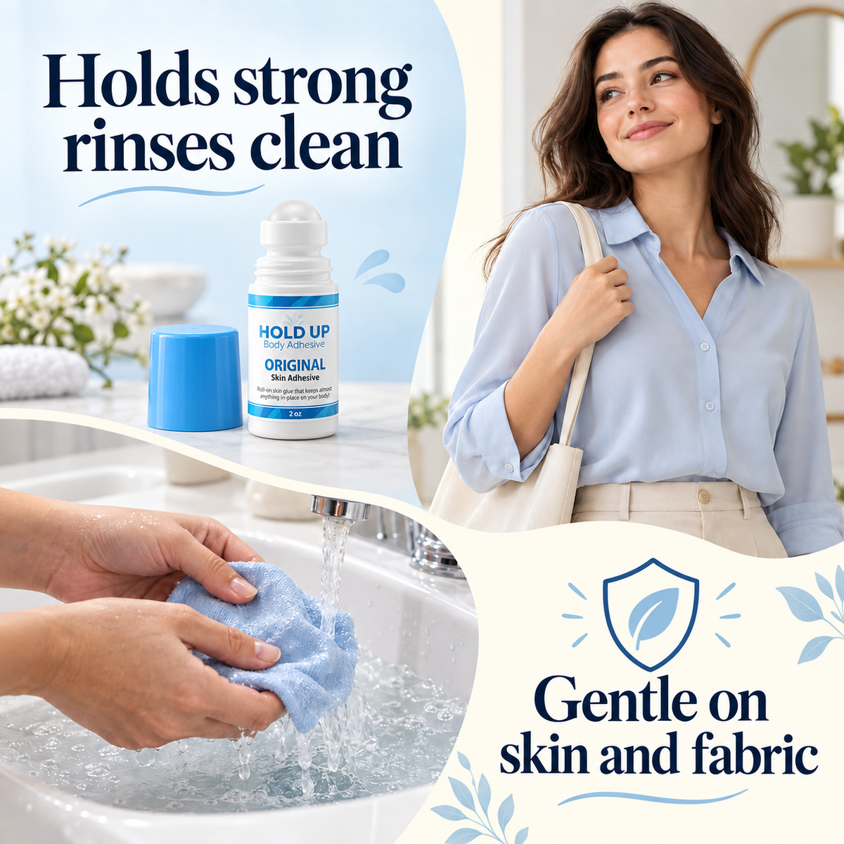 Authentic Hold Up Body Adhesive bottle with gentle-on-skin and rinse-clean message