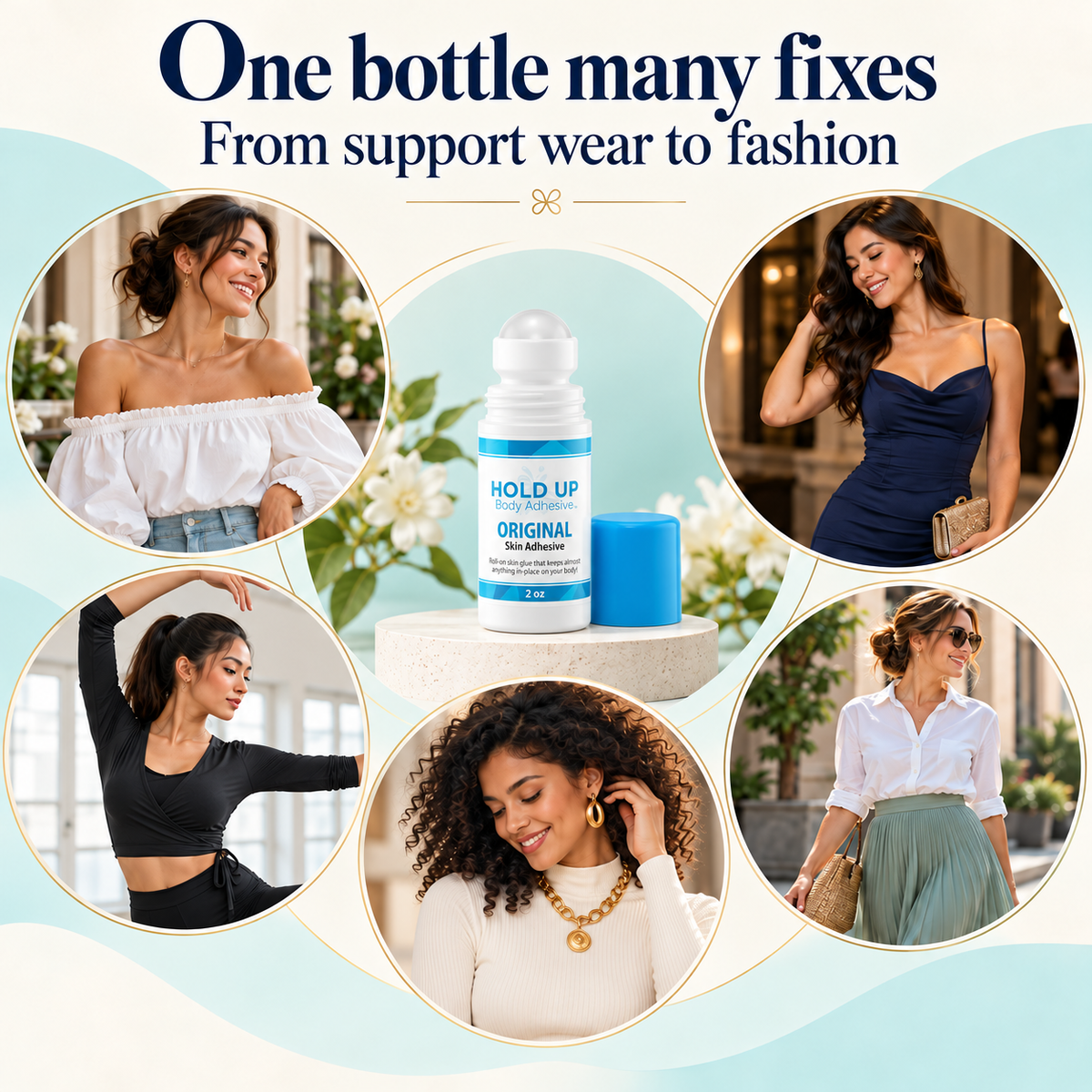Fashion use cases with authentic Hold Up Body Adhesive bottle