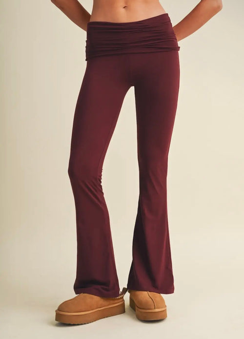 Burgundy ruched flare pants front view
