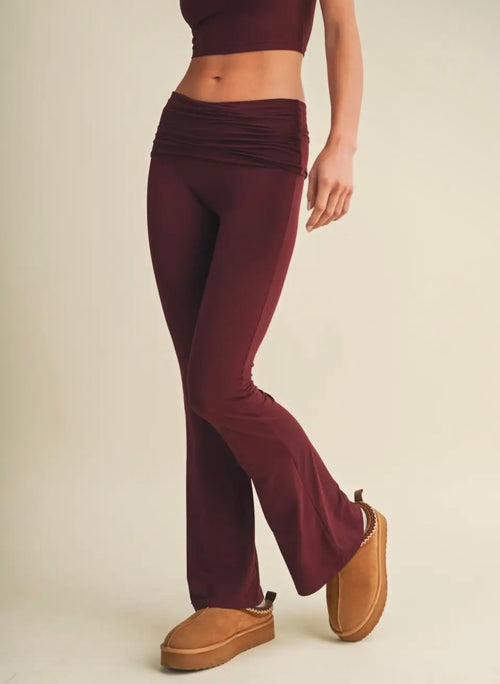 Burgundy ruched flare pants side view