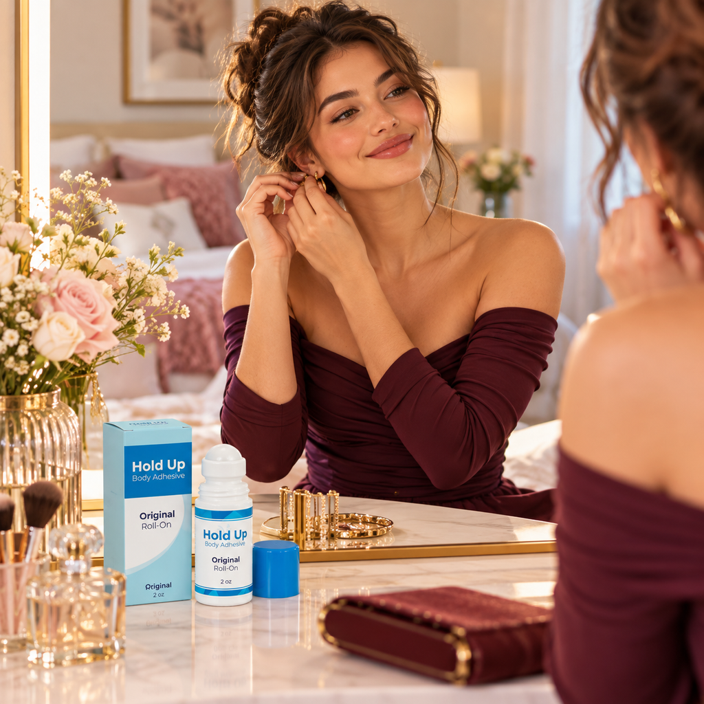 Hold Up Body Adhesive on a vanity while a woman finishes getting ready in a burgundy outfit