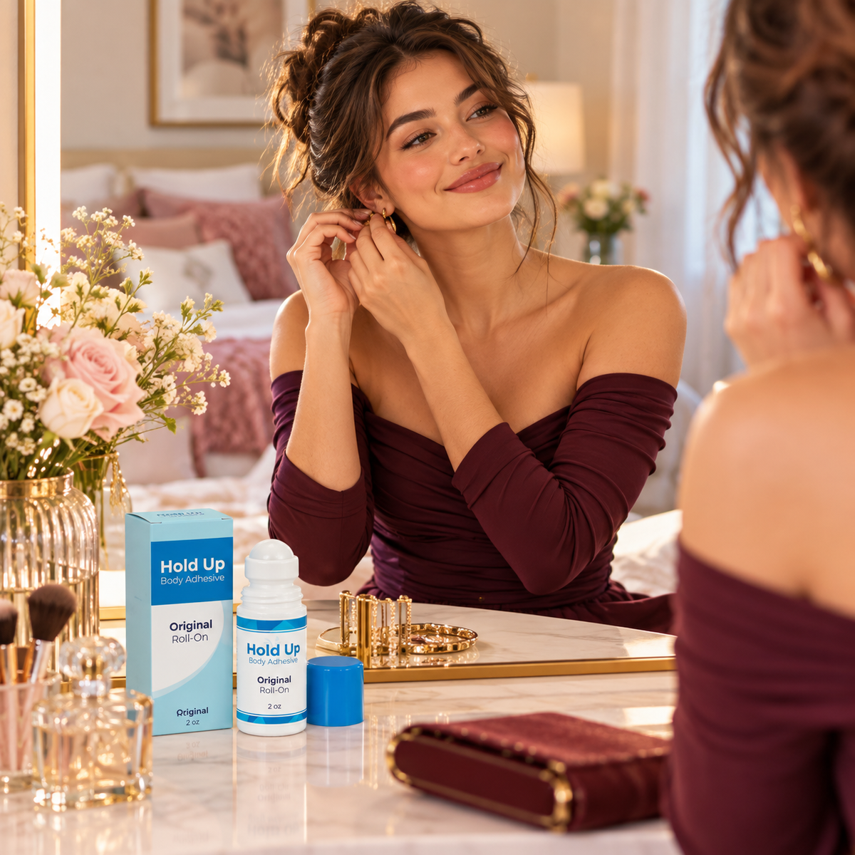 Hold Up Body Adhesive on a vanity while a woman finishes getting ready in a burgundy outfit
